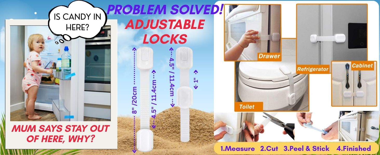 Child Safety Strap Locks Baby Locks for Cabinets and Drawers, Toilet, Fridge 3M Adhesive