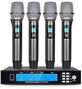 Doslnlya 4-Channel UHF Wireless Mic System, Adjustable Frequency, 4 Metal Moving Coil Handheld Mi...