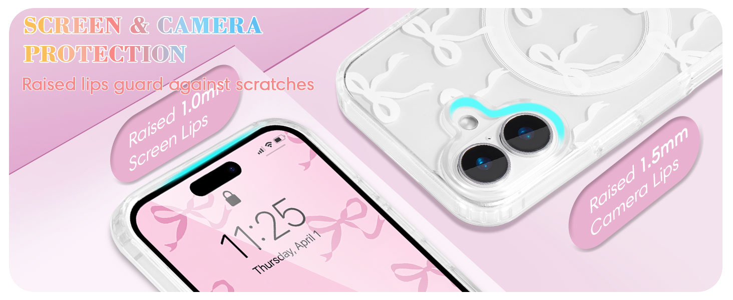 Text reads 'SCREEN & CAMERA PROTECTION'. Similar to Image 2, showing iPhone with pink bow pattern screen protector and white camera lens covering.