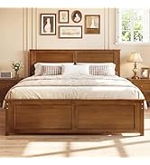 Giantex Wood Queen Size Bed Frame with Headboard, Farmhouse Solid Platform Bed w/Wooden Slat Supp...