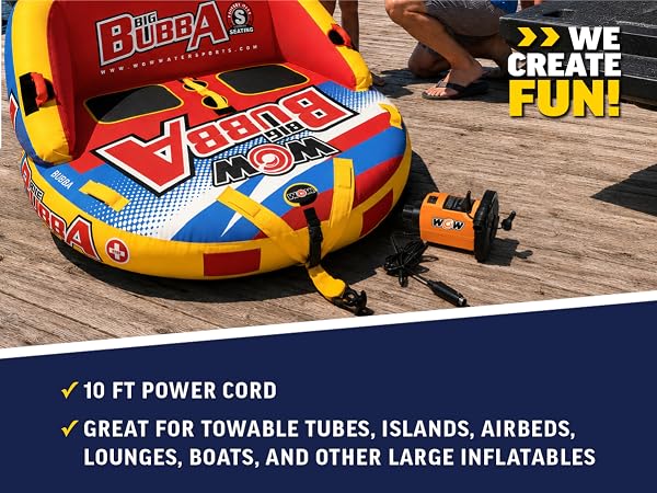 10 FT power cord, Great for towable tubes, islands, airbeds, lunges, boats, other large inflatables