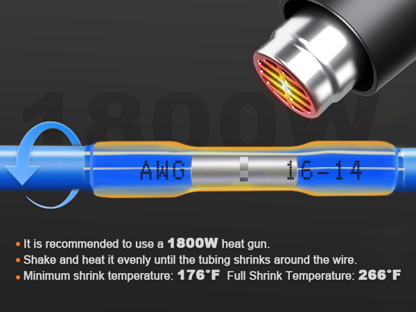 Use a heat gun to apply even heat wire connectors until the tubing fully shrinks around the wire.