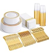 BUCLA 350PCS Gold Plastic Dinnerware Set for 50 Guests - Gold Plastic Plates Disposable for Party...