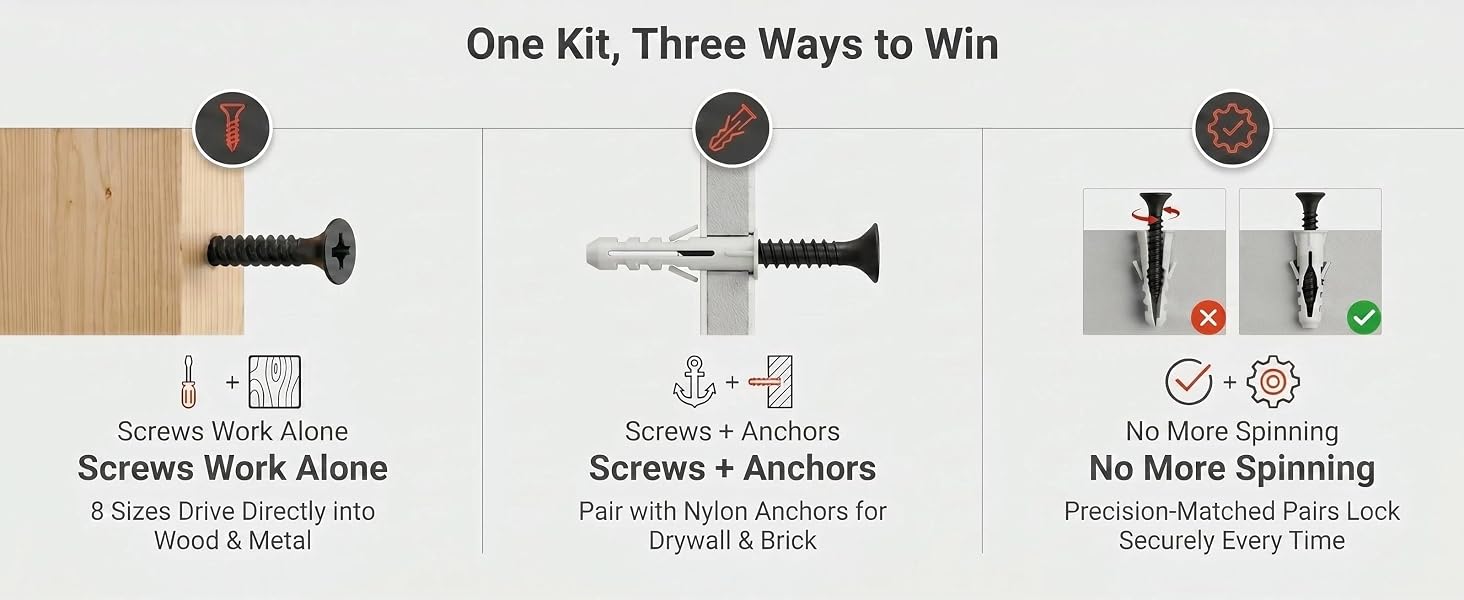 Self tapping screws with nylon wall anchors, multi-use wood drywall brick mounting fasteners kit