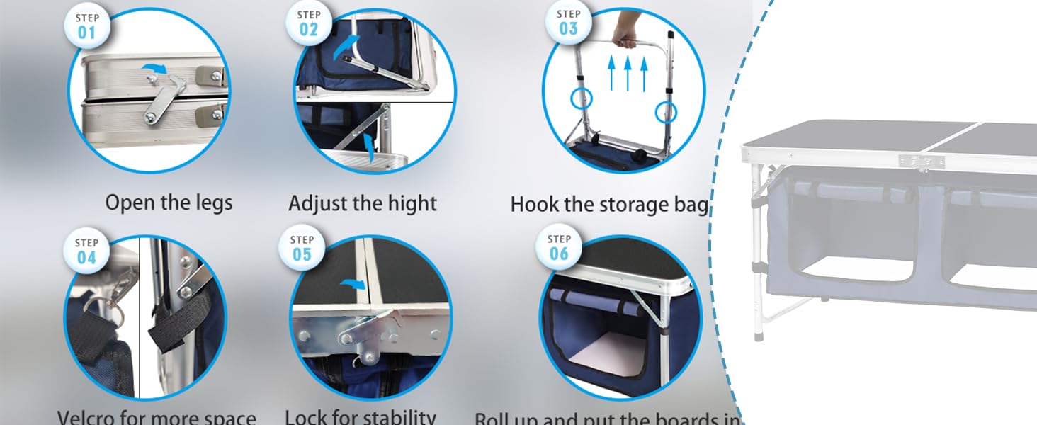 1.Open the legs 2.Adjust height 3.Hook the storage bag 4.Velcro for more space 5.Lock for stability