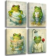 Frimeeme Set Of 4 Framed Frog Canvas Wall Art, Frog Bathroom Decor Poster For Bathroom Washroom R...