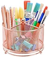 Frcctre Pen Holder Pencil Organizer, 360° Rotating Mesh Desk Organizer with 4 Compartments, Makeu...