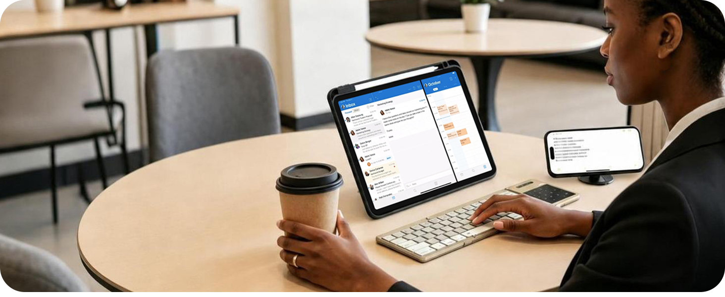 Setting up a mobile workstation at a coffee shop with foldable keyboard and tablet for remote work