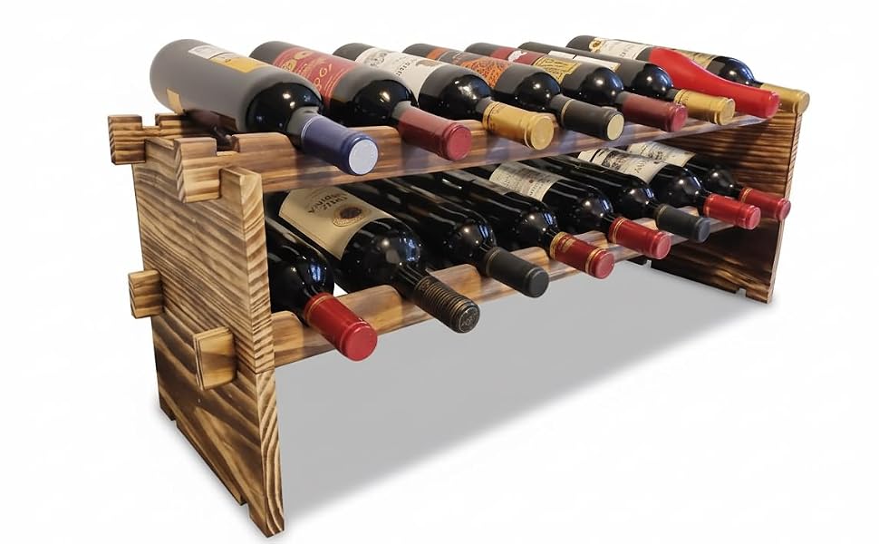 Two-tier carbonized pine wine rack holding 16 bottles