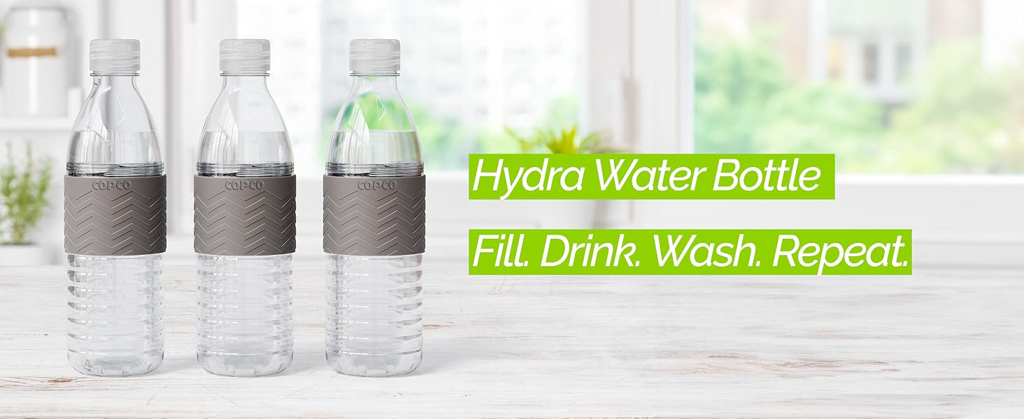 Hydra water bottle, reusable, plastic