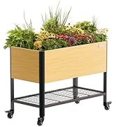Rolling Elevated Garden Bed, 2' x 4' Metal Woodgrain Elevated Outdoor Planters Boxes with Legs & ...