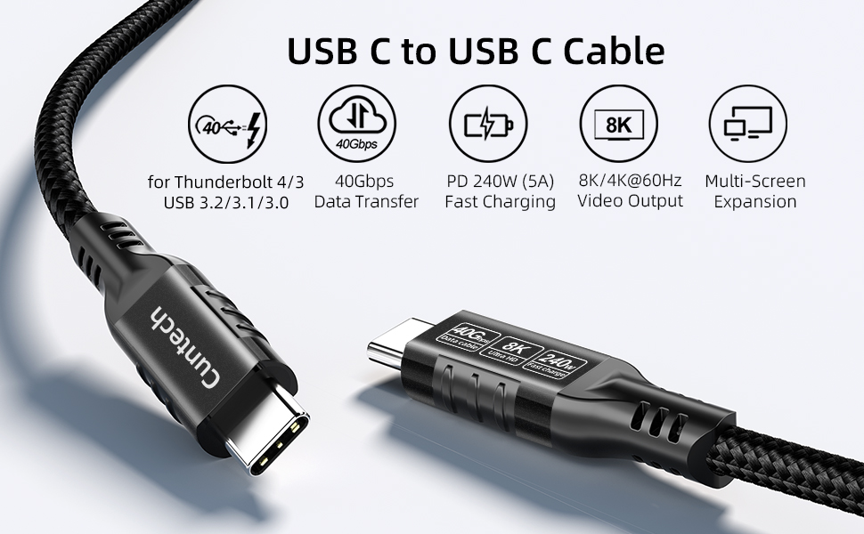 USB C 40Gbps Data Transfer Cable 240W PD Fast Charging 8K/4K HD Video Monitor Cable