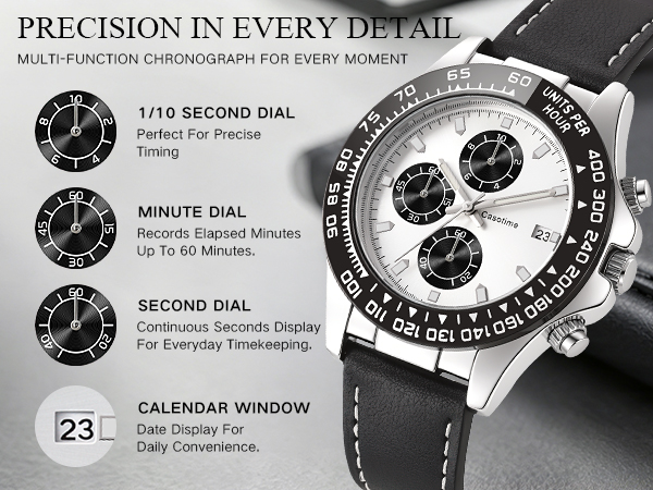 Casotime Watches for Men Leather Band Chronograph Silver and Black