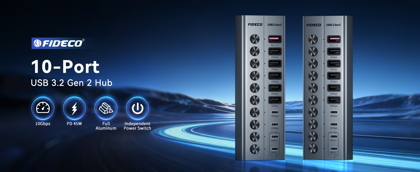 Text reads 'FIDECO 10-Port USB 3.2 Gen 2 Hub' with icons for fast charging, data transfer, and power features. Product shows dual-channel grey metal hub device with multiple ports for simultaneous connections.
