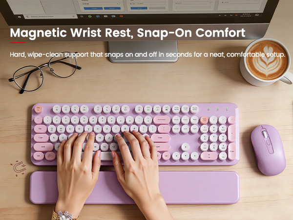 Detachable magnetic wrist rest snaps on for wipe-clean support and all-day typing comfort.
