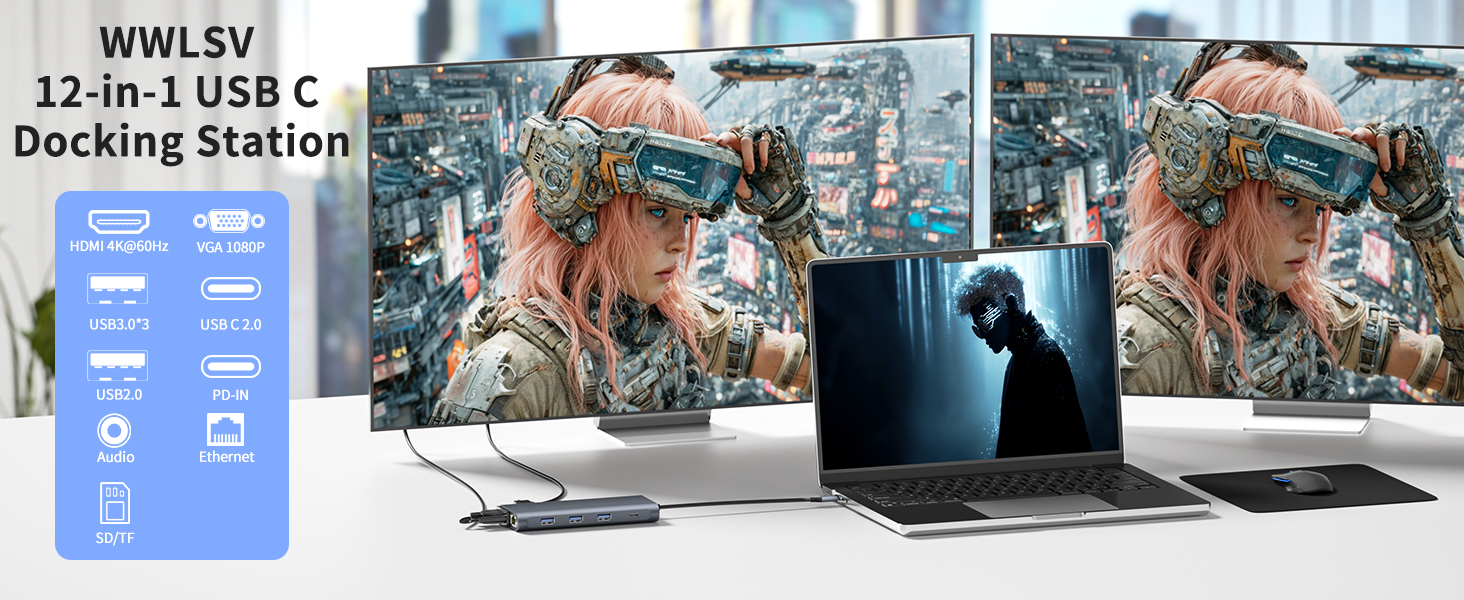 WWLSV 12 in 1 USB C Hub, all-in-one with HDMI 4K@60Hz, VGA, 100W PD-IN & data transfer ports.
