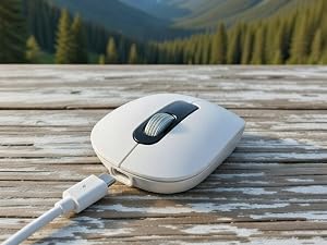 Scenic images of a computer mouse photographed on wooden surface with mountain landscapes and lake views in the background.
