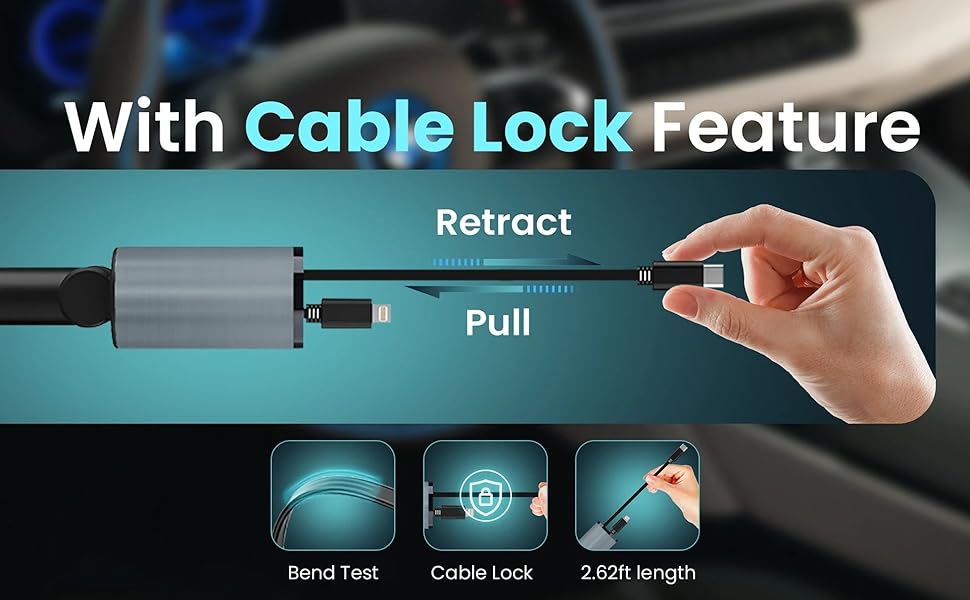 retractable charger cable lock system adjustable car anti-tangle design bend-resistant