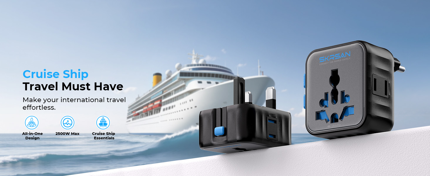 SKRSAN Aura International Travel Adapter, 36mm Ultra-Slim 6-in-1 Universal Wall Charger