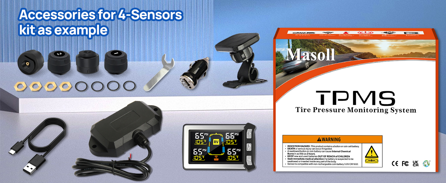 Masoll RV TPMS monitor equips a color LCD display with 4-levels brightness adjustment