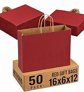 METRONIC Red Paper Bags with Handles 16 x 6 x 12 Inch, 50 Pack Large Gift Bags Bulk, Red Kraft Sh...