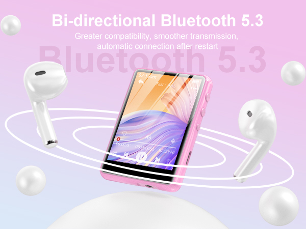 Pink smartphone with white wireless earbuds, showcasing Bi-directional Bluetooth 5.3 connectivity for greater compatibility and smoother transmission.