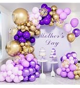Haolongfa Purple and Gold Balloon Arch Kit, 132 Pcs, Birthday Party Decor | Multi-Size Purple Gol...