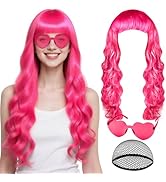 PLULON Hot Pink Long Curly Hair Wig with Heart Sunglasses and Hair Cap for Women Men, Long Wavy W...
