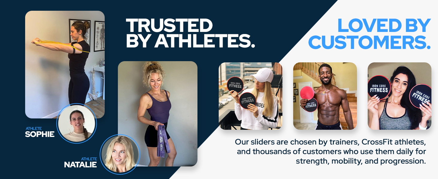 Text reads 'TRUSTED BY ATHLETES' and 'LOVED BY CUSTOMERS'. Marketing banner showing multiple athletic-themed images with testimonial-style layout.