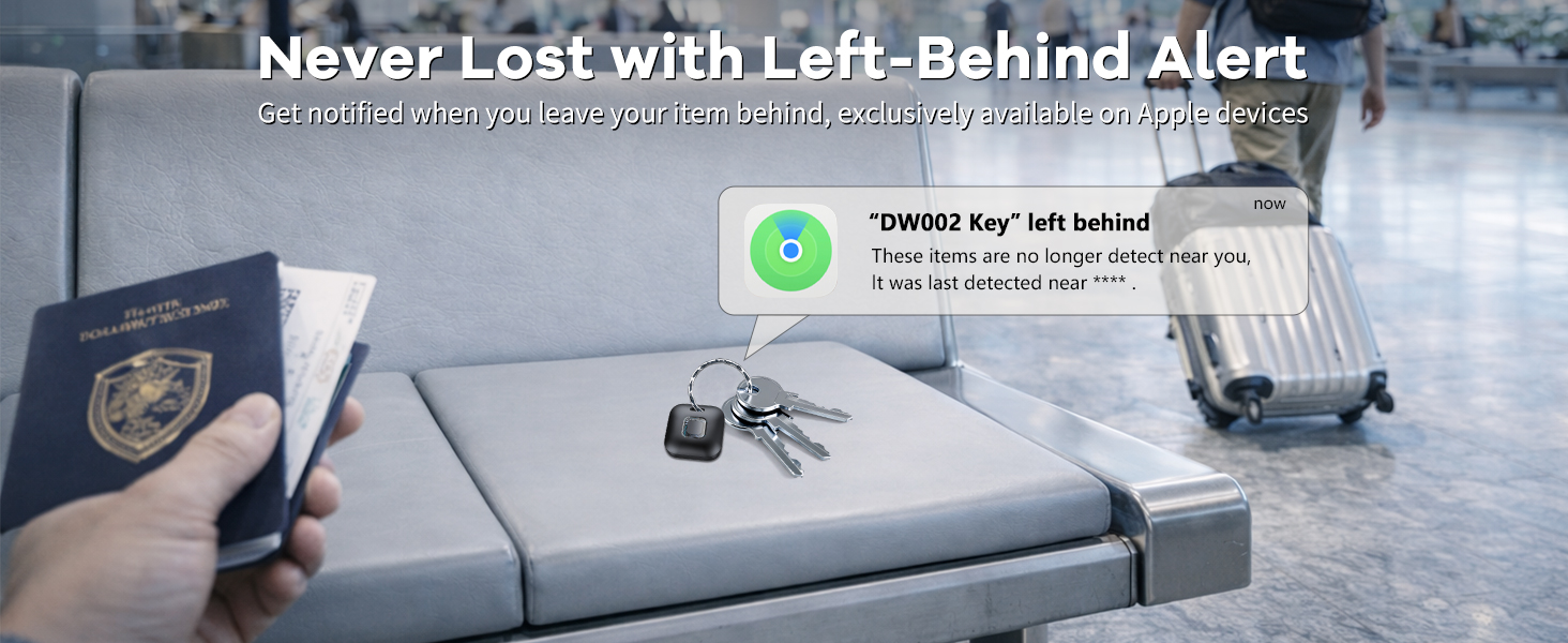 Text reads 'Never Lost with Left-Behind Alert'. Shows a sequence of mobile device screens demonstrating an alert or tracking feature.