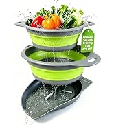 AUOON Collapsible Colander Set (3QT + 4QT) with Draining Base (Gray+Green) | Fast Draining, Heat-...