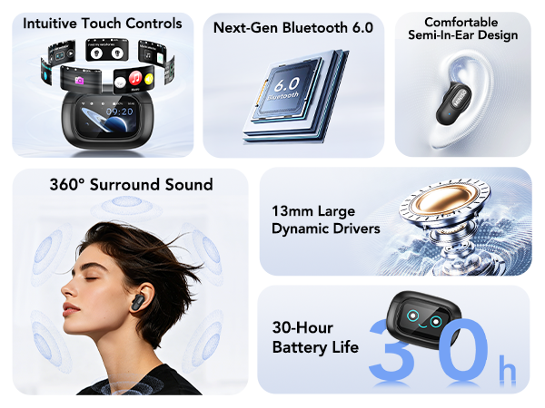 miniso earbuds with Touchscreen 360° Surround Sound Bluetooth 6.0 Semi-In-Ear 30-Hour Battery Life