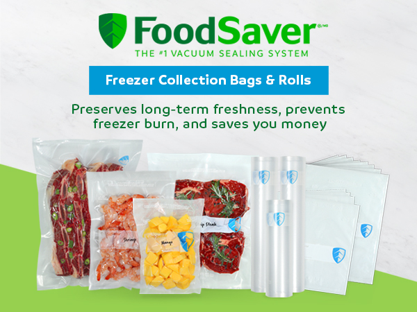 Array of vacuum-sealed food items and food saver rolls