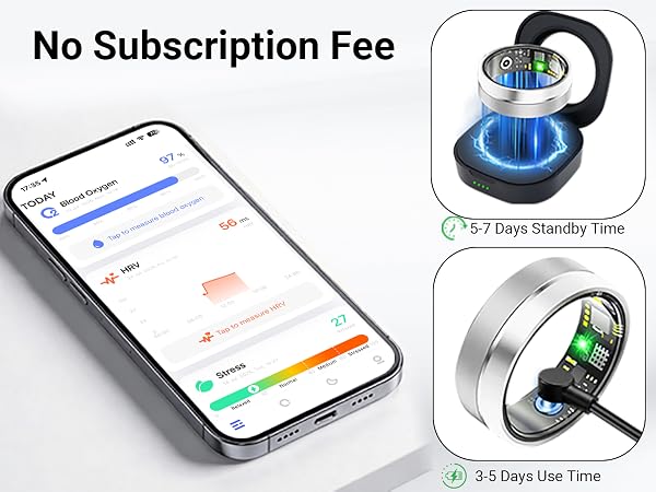Smart ring with no subscription fees, iOS & Android compatibility, and long battery life.
