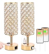 Touch Control Crystal Table Lamp Sets, Dimmable Nightstand Lamp with USB-C+A & AC Charging Ports,...