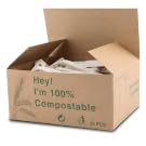 Open cardboard box of 50 compostable razors with printed messaging