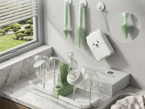 Travel Bottle Cleaner kit, 7in1 Baby Travel Silicone Bottle Brush Set, Nipple, Drying Rack, Straw
