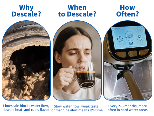 when you feel water flows slower, flavor tastes unusual, you will need to descale your machine
