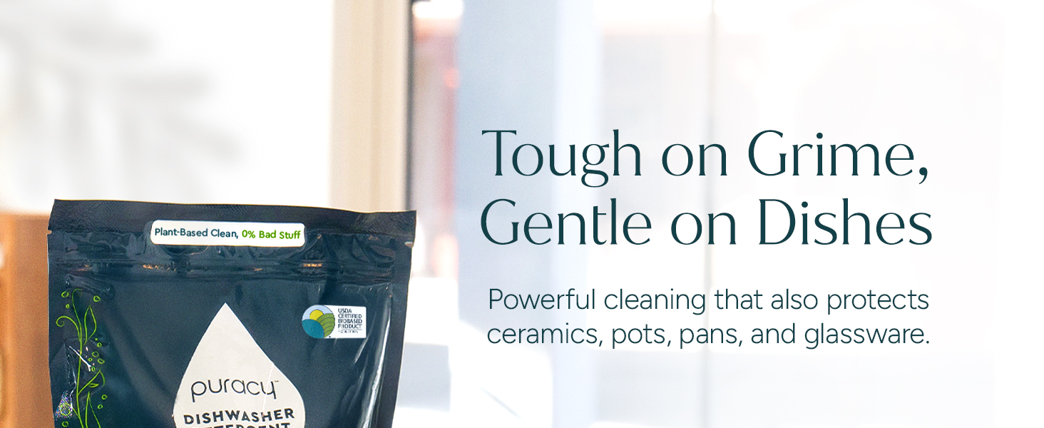 Puracy dishwasher detergent pacs. Tough on grime, gentle on ceramic pots, pans, and glassware.