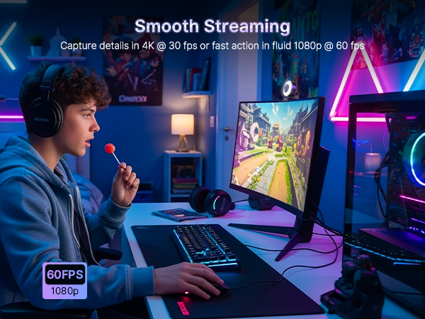 Streamer using the 4K webcam with ring light for smooth streaming.