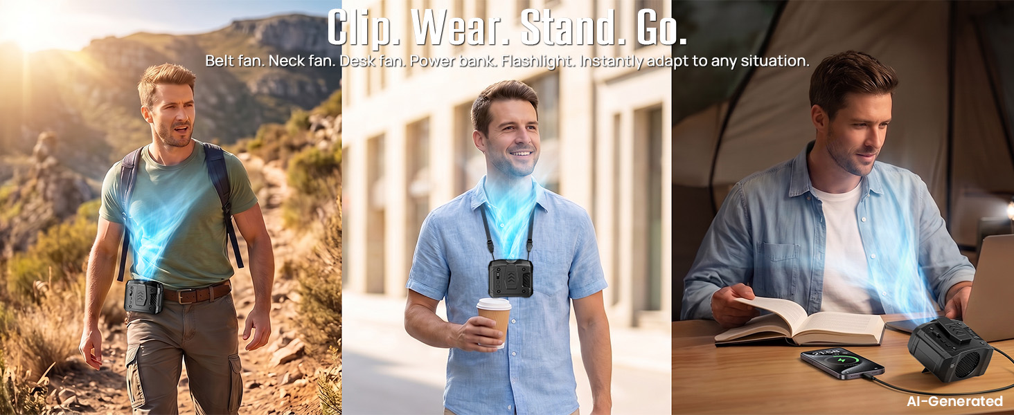 Multi-use belt fan for men works as belt fan, neck fan, desk fan, power bank, and light