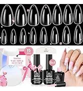 Beetles Gel Nail Kit 600Pcs 15 Sizes Medium Almond Nail Tips with Pink Color Gel Top Coat Soft Cl...