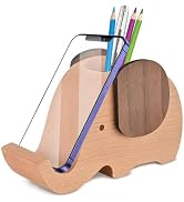 AhfuLife Wooden Elephant Cell Phone Holder/Stand with Pen&Pencil Holder/Pot, Desk Decoration Mult...