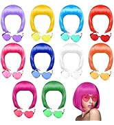 PLULON 20 Pieces Party Wigs and Sunglass Set, Neon Short Bob Wig Sunglass Pack Costume Colorful C...