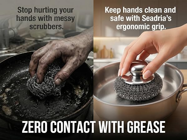 Ergonomic stainless steel scouring pad that protects hands from grease.