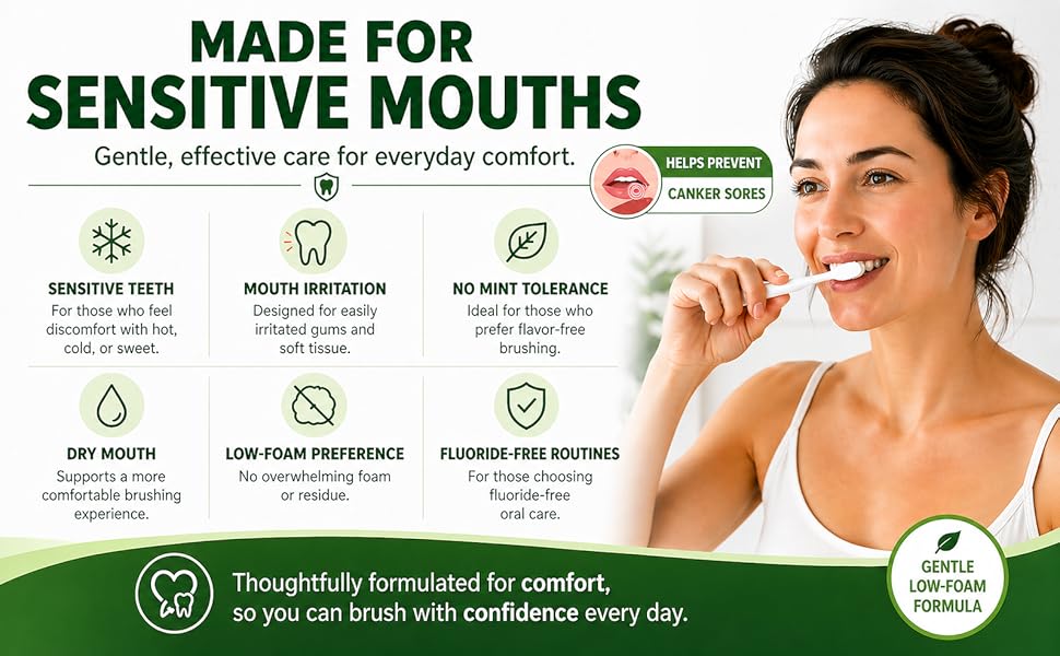 Sensitive toothpaste panel highlighting comfort benefits and canker sore support.