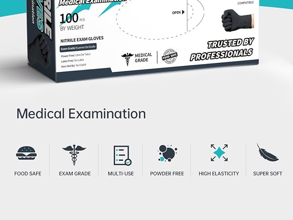 Beastek Black nitrile gloves, disposable medical glove examination food safe powder free soft
