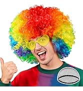 PLULON Colored Short Curly Afro Wig Heart Sunglasses for Women Men, Fluffy Funny Party Wigs 70s 8...