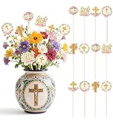TICIAGA Floral God Bless Decorative Picks - 12PCS Easter First Communion Cross Wooden Pick for Ho...