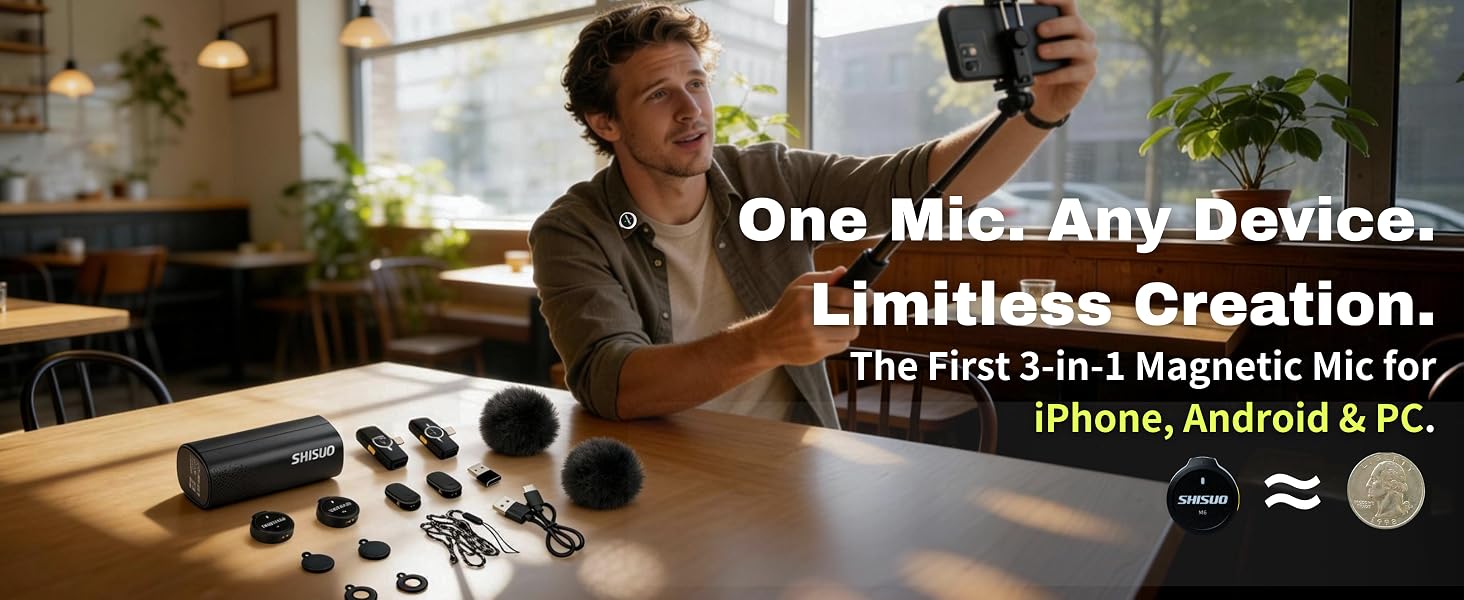 A black Shisuo wireless mic kit including two transmitters and a charging case on a desk